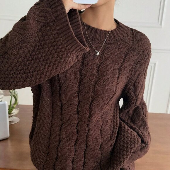 Brown Casual Women's Hemp Pattern Round Collar Wide Sleeve Long Sleeve Sweater - Picture 7 of 8